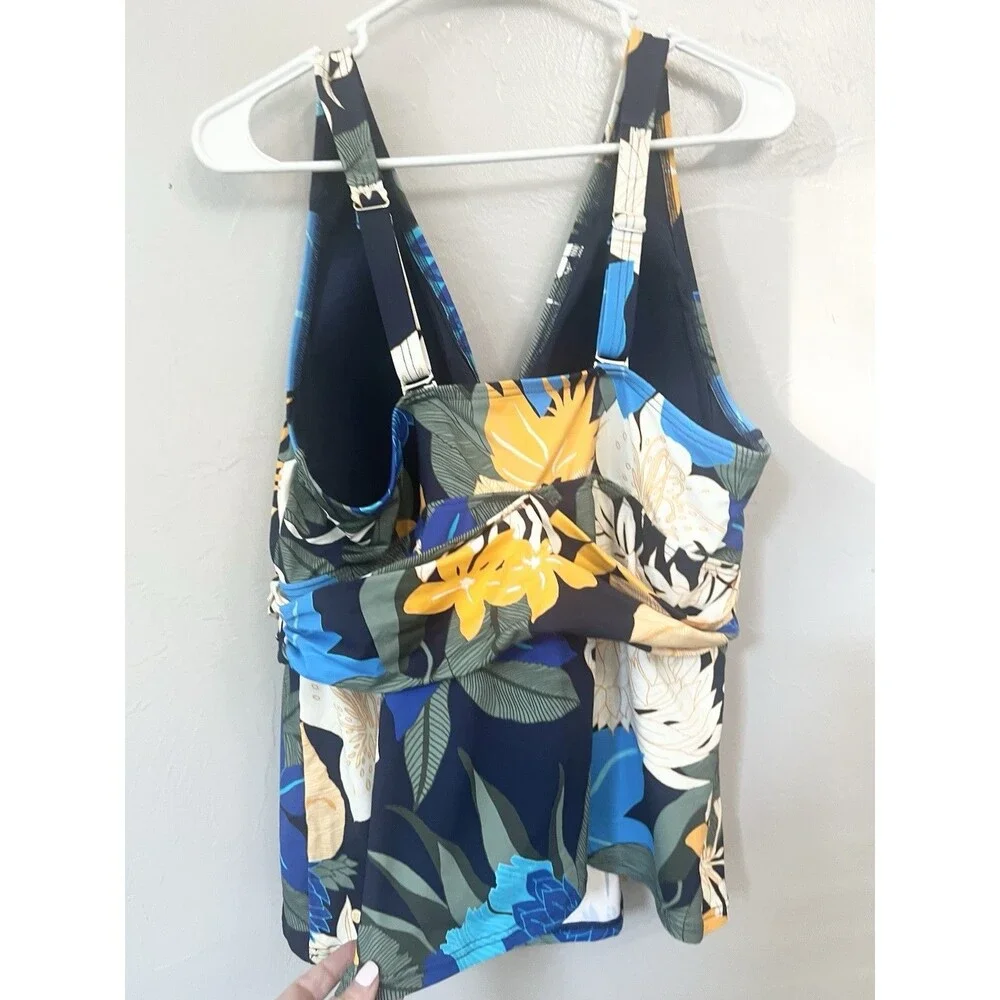 Lands’ End Wrap Tankini Top Thick Straps Plus XL 16 18 Navy Floral Swimsuit